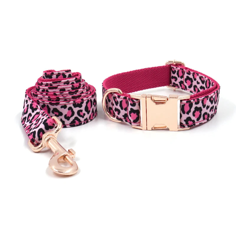 Pink Leopard Dog Harness for Girl Dogs Personalized Name Engraved Pet Collar with Safety Metal Buckles Bowtie Puppy Harness Set