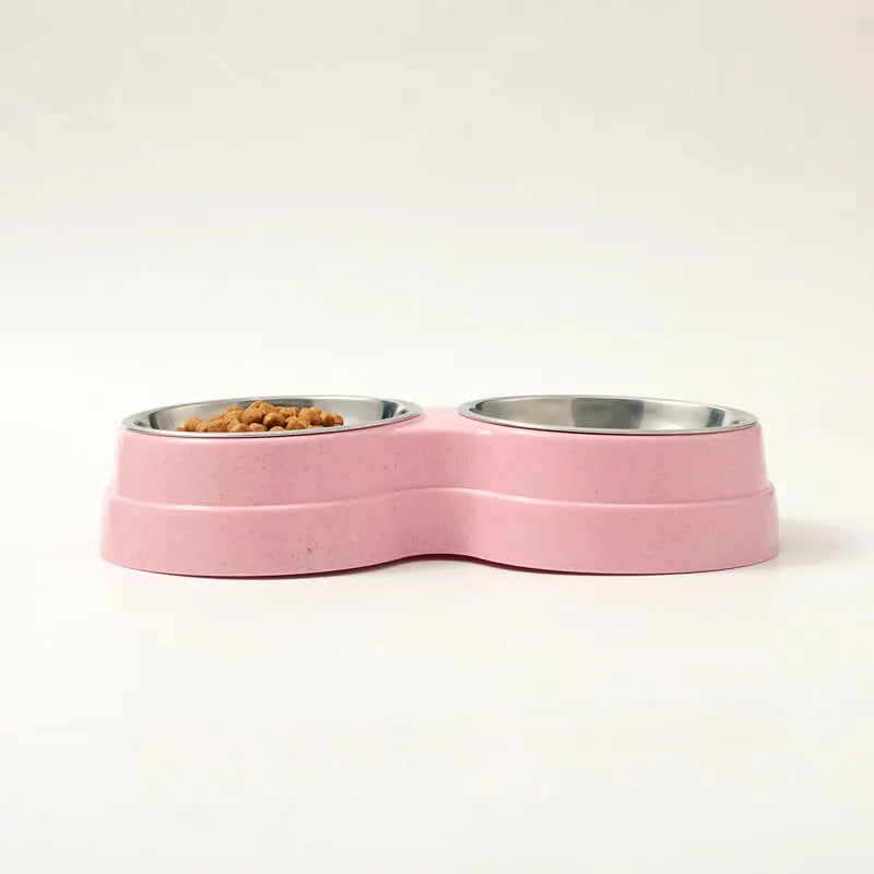 Stainless Steel Double Pet Bowl Wheat Straw Base Dog Cats Feeder Cat Puppy Feeding Food Water Container Dispenser Pet Supplies