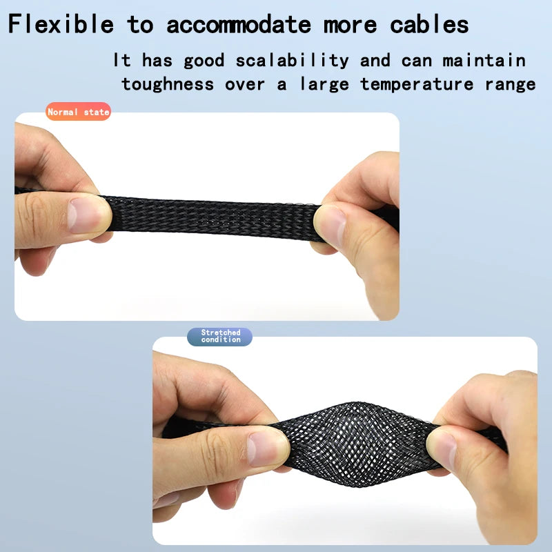 PET Elastic Woven Wire Mesh Black Encrypted Flame Retardant Nylon Computer Tube Telescopic Sleeve 10m