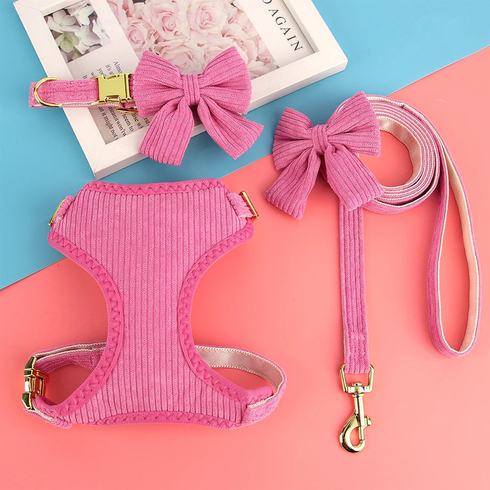 3PCS Dog Collar Harness Leash Set Breathable Dog Harnesses Soft Velvet Puppy Necklace With Bowknot Pet Walking Rope For Dogs Pug