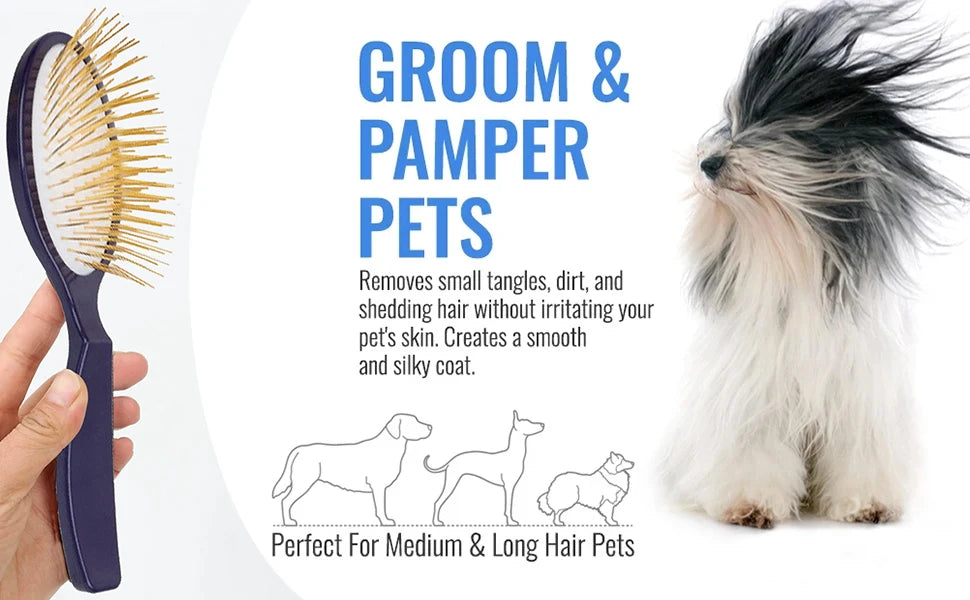 Pet Grooming Detangler Pin Dog Brush for Shedding & Removing Loose Fur, Lightweight ABS with Gold Plated Pins for Long Hair