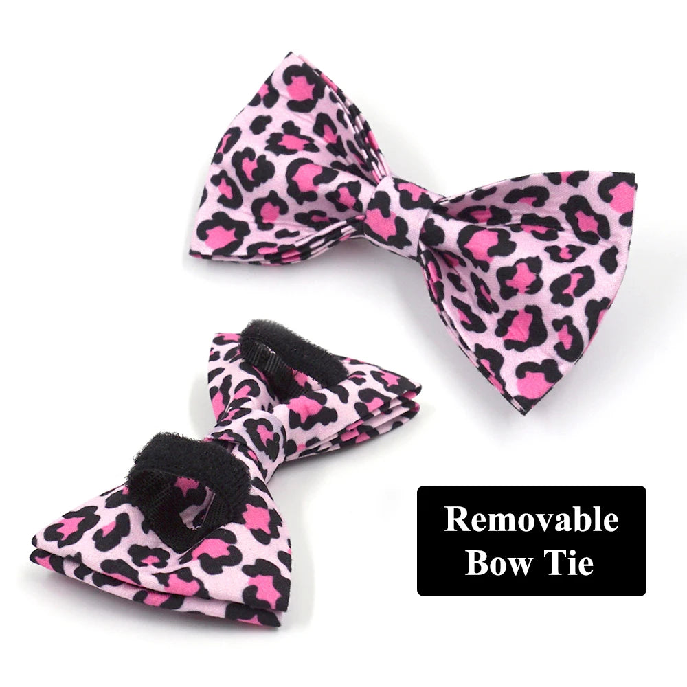 Pink Leopard Dog Harness for Girl Dogs Personalized Name Engraved Pet Collar with Safety Metal Buckles Bowtie Puppy Harness Set