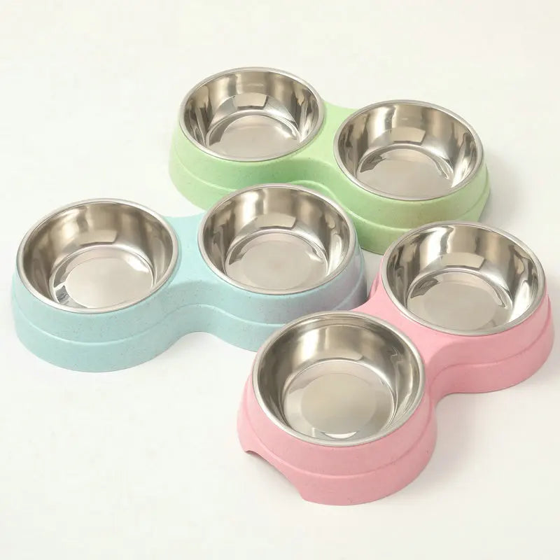 Stainless Steel Double Pet Bowl Wheat Straw Base Dog Cats Feeder Cat Puppy Feeding Food Water Container Dispenser Pet Supplies