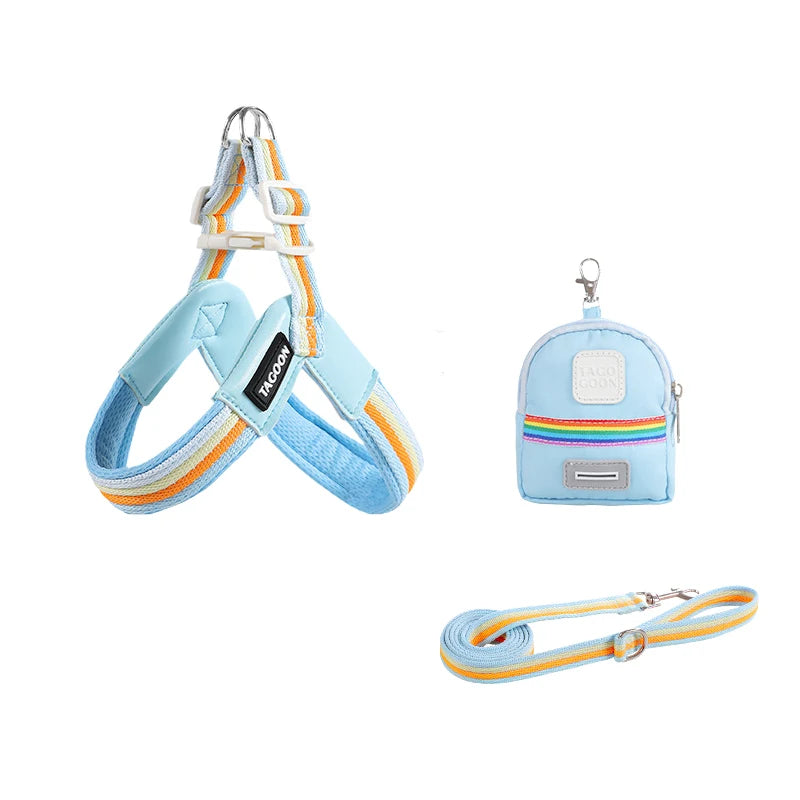 3PCs Pet Dog Harness Leash Set with Bags Adjustable V-shaped Puppy Harness Striped Breathable Dog Chest Strap Dog Accessories