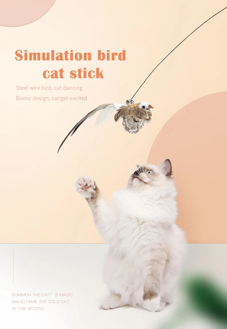Simulation Bird interactive Cat Toy Funny Feather Bird with Bell Cat Stick Toy for Kitten Playing Teaser Wand Toy Cat Supplies