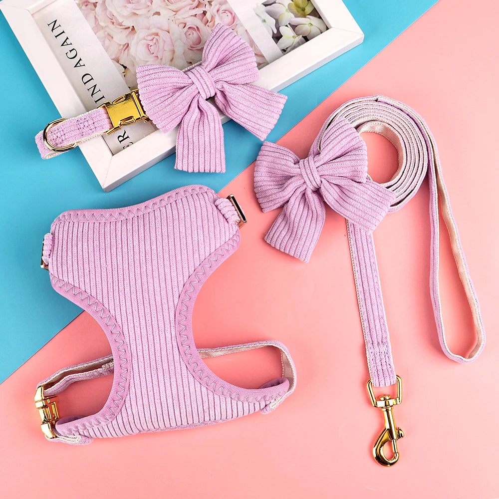 3PCS Dog Collar Harness Leash Set Breathable Dog Harnesses Soft Velvet Puppy Necklace With Bowknot Pet Walking Rope For Dogs Pug