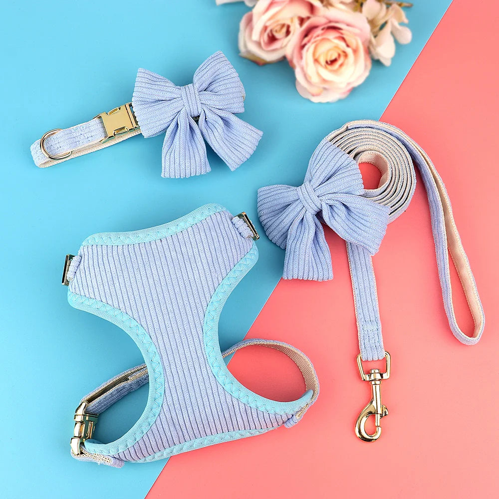 3PCS Dog Collar Harness Leash Set Breathable Dog Harnesses Soft Velvet Puppy Necklace With Bowknot Pet Walking Rope For Dogs Pug