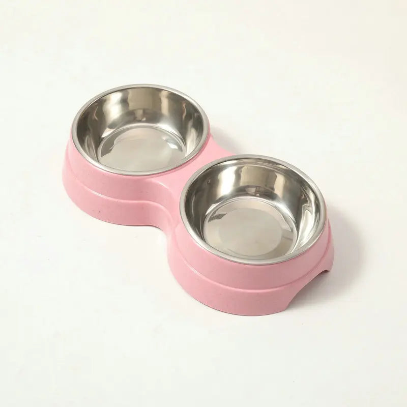 Stainless Steel Double Pet Bowl Wheat Straw Base Dog Cats Feeder Cat Puppy Feeding Food Water Container Dispenser Pet Supplies