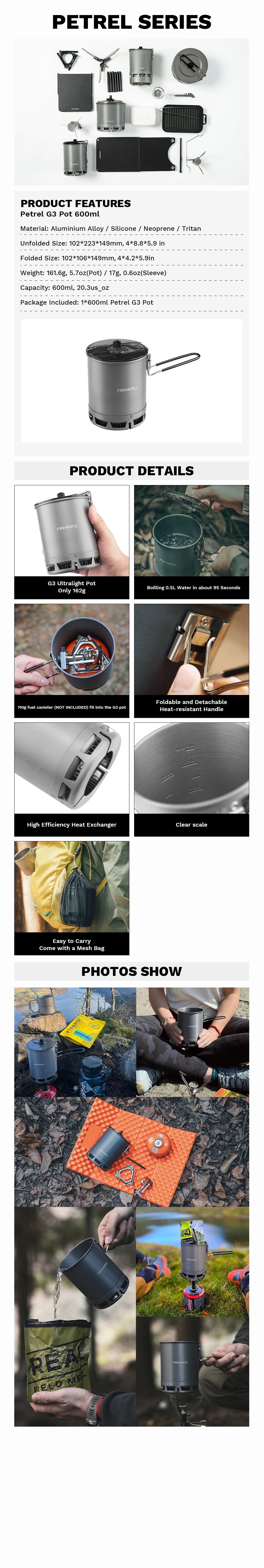 Fire-Maple 600ml G3 Petrel Ultralight Pot Lightweight Outdoor High Efficiency Heat Exchanger Pot Portable for Hiking Travel