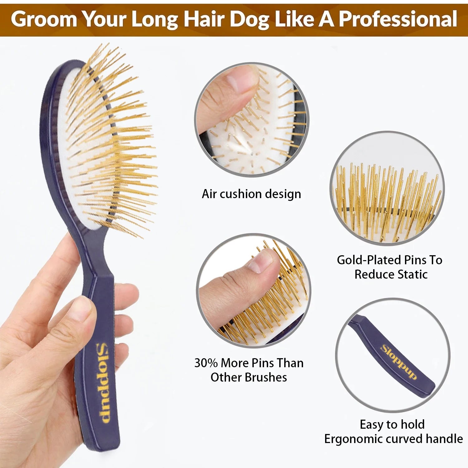 Pet Grooming Detangler Pin Dog Brush for Shedding & Removing Loose Fur, Lightweight ABS with Gold Plated Pins for Long Hair