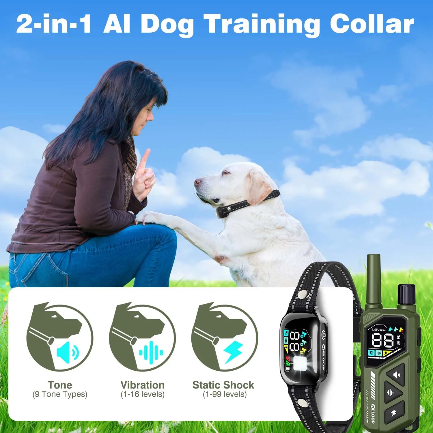 New AI Smart Dog Training Collar 3300Ft Anti-barking Device Electric Remote Control IPX7 Waterproof Pet Behavior Vibration Shock