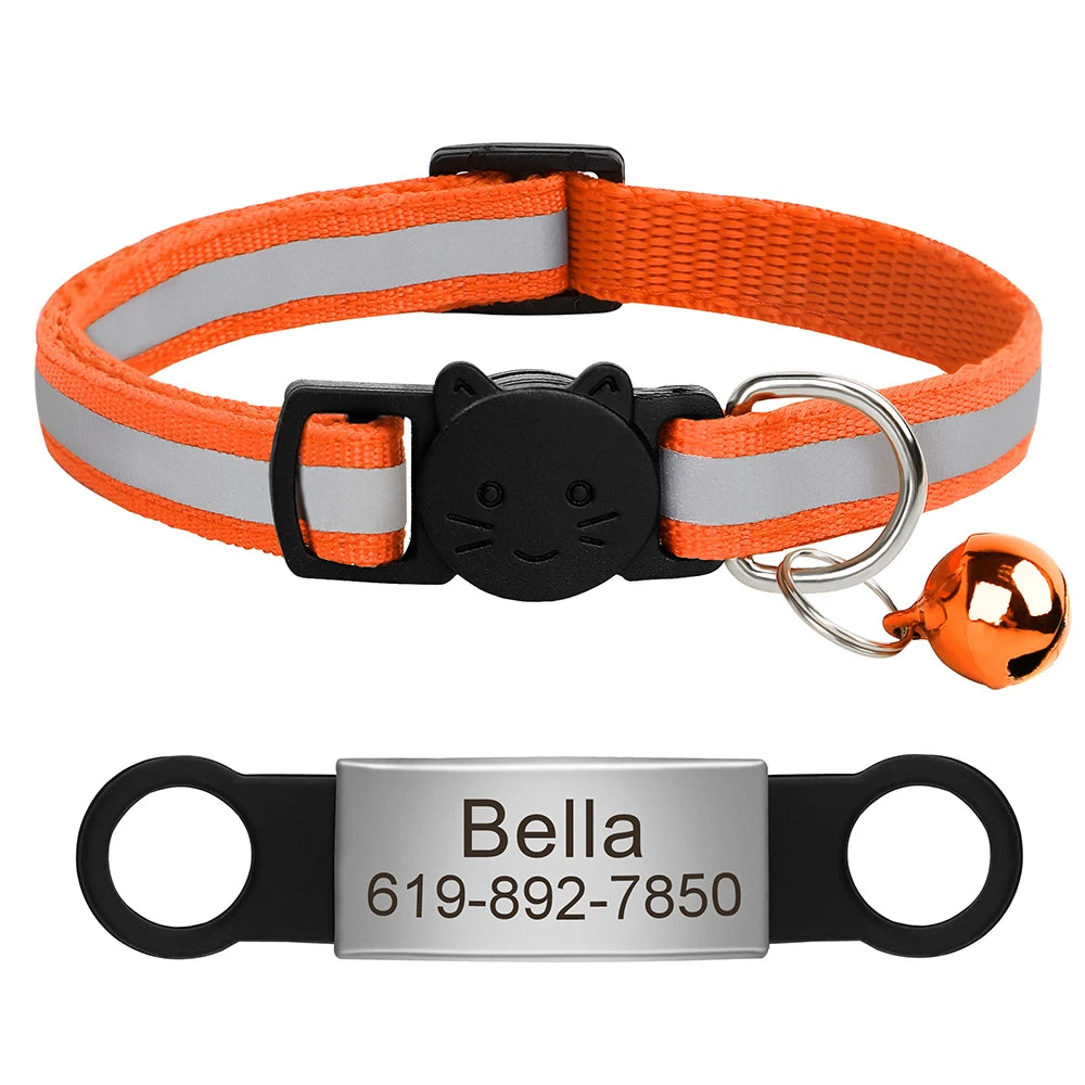 Customized Cat Collar Reflective Cat Collar Free Engraved Puppy Kitten Pet ID Nameplate Necklace With Bell Anti-lost For Cats