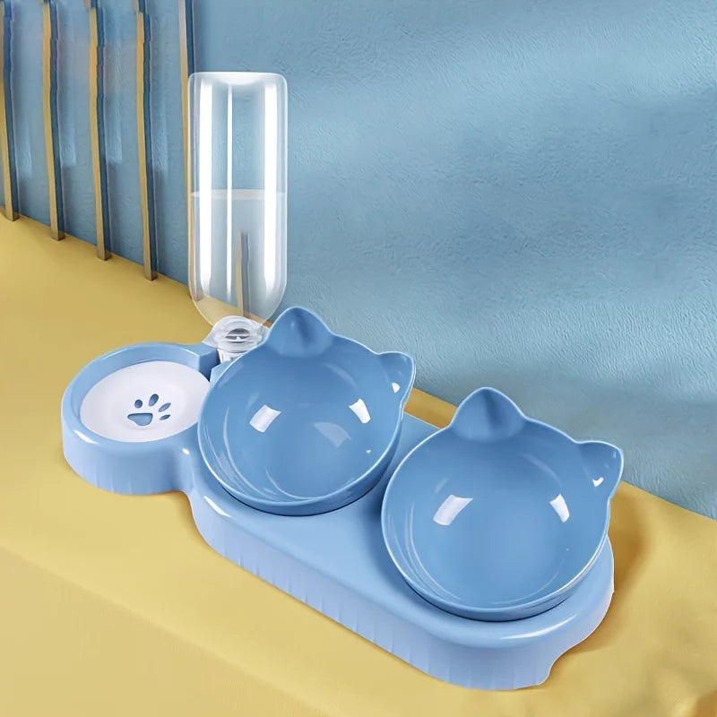 1PCS Pet Bowl with Water Feeder, 3-in-1 Ear Design Tilting Cat Water and Food Bowl with Gravity Water Bottle for Neck Protection