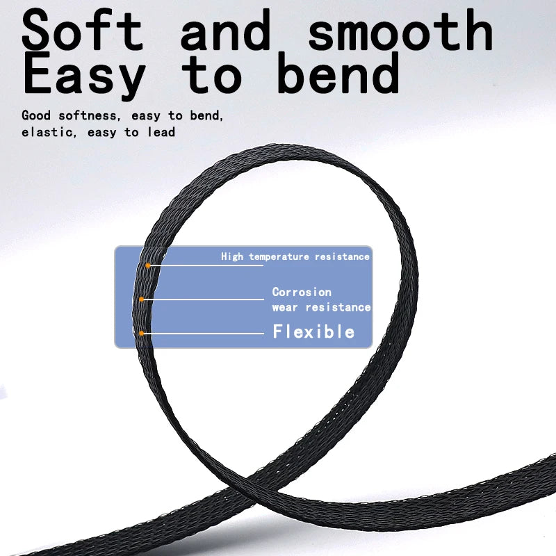 PET Elastic Woven Wire Mesh Black Encrypted Flame Retardant Nylon Computer Tube Telescopic Sleeve 10m