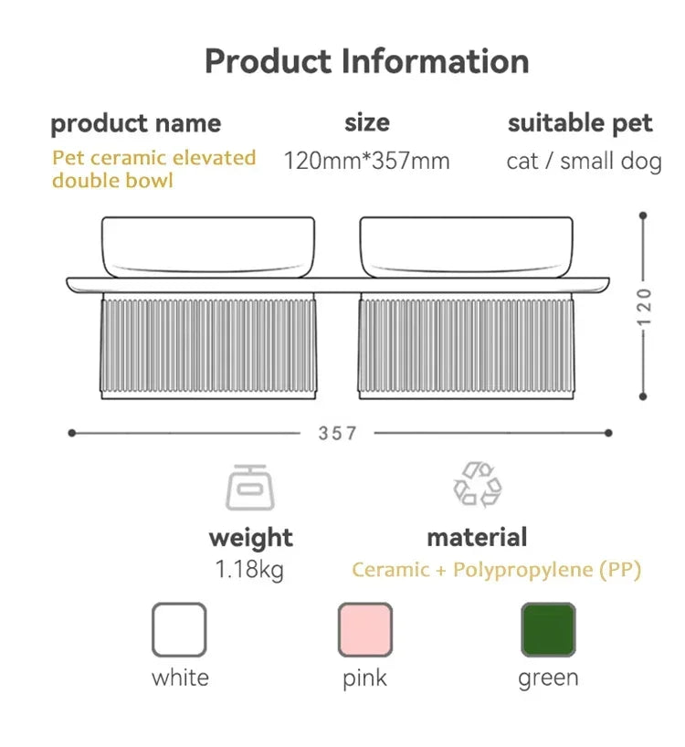 Ceramic Cat Dog Bowl Pet Puppy Feeder Drinker Elevated Raised Holder White Pink Bowls Double for Cats Dogs Kitten Feeding Water