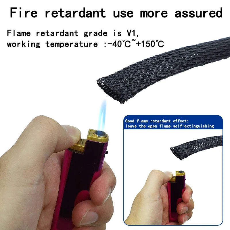 PET Elastic Woven Wire Mesh Black Encrypted Flame Retardant Nylon Computer Tube Telescopic Sleeve 10m