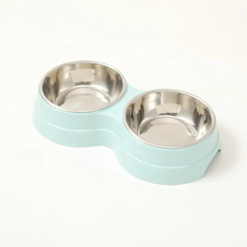Stainless Steel Double Pet Bowl Wheat Straw Base Dog Cats Feeder Cat Puppy Feeding Food Water Container Dispenser Pet Supplies
