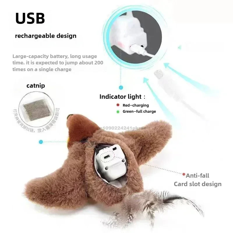 Juguetes interactivos para gatos, pájaro volador recargable, juguete para gatos que canta y aletea (sin volar), se puede agregar hierba gatera, juguete de peluche activado al tacto.