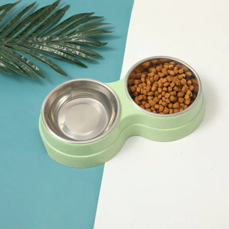 Stainless Steel Double Pet Bowl Wheat Straw Base Dog Cats Feeder Cat Puppy Feeding Food Water Container Dispenser Pet Supplies