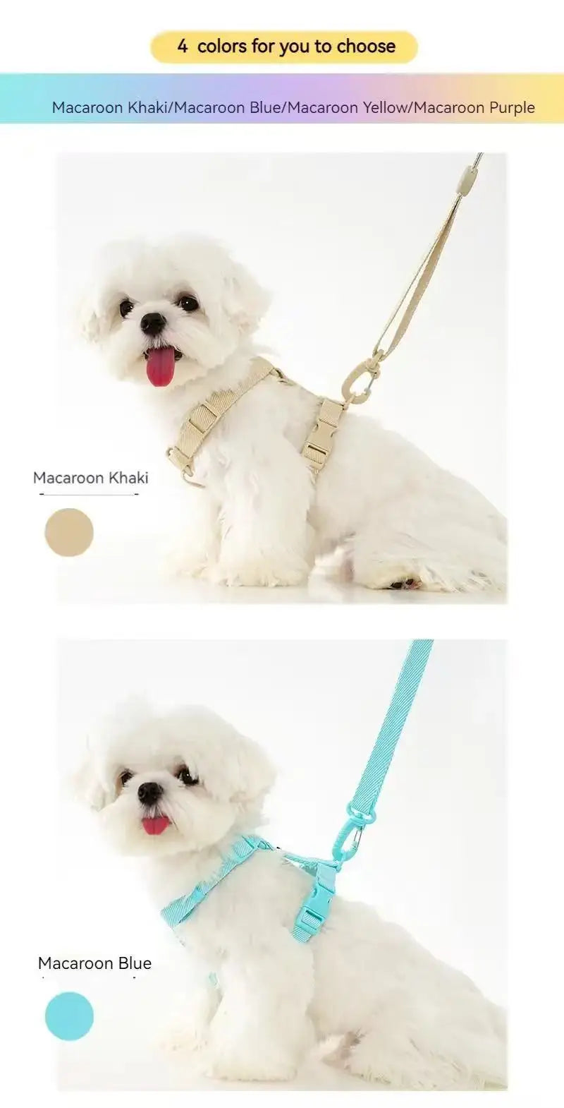 Adjustable Puppy Harness Set, Reflective Dog Collar & Leash for Small Dogs 2-6kg, Macaron Color Cat Safe Walking Gear