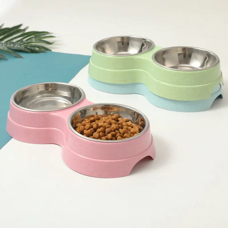 Stainless Steel Double Pet Bowl Wheat Straw Base Dog Cats Feeder Cat Puppy Feeding Food Water Container Dispenser Pet Supplies