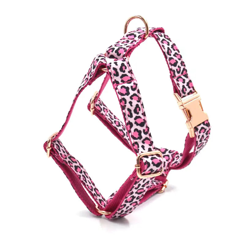 Pink Leopard Dog Harness for Girl Dogs Personalized Name Engraved Pet Collar with Safety Metal Buckles Bowtie Puppy Harness Set