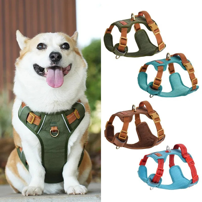 Pet Adjustable Vest Harnesses Soft Mesh Fabric Pete PU Leather Strap Explosion-proof Punch Reflective Strip Type Dog Chest Strap