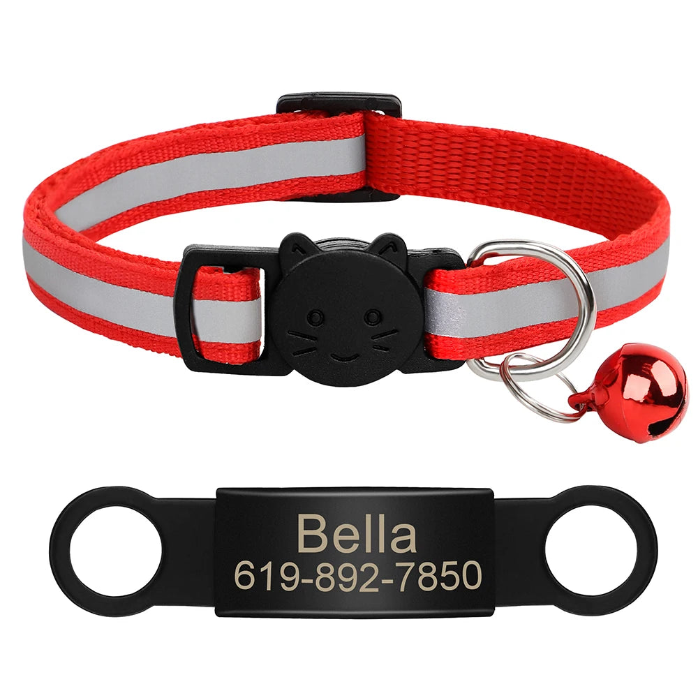 Customized Cat Collar Reflective Cat Collar Free Engraved Puppy Kitten Pet ID Nameplate Necklace With Bell Anti-lost For Cats