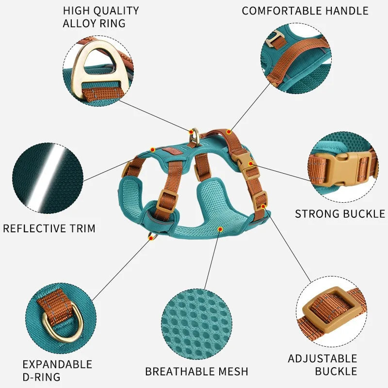 Pet Adjustable Vest Harnesses Soft Mesh Fabric Pete PU Leather Strap Explosion-proof Punch Reflective Strip Type Dog Chest Strap