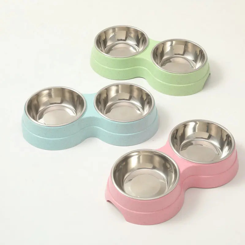 Stainless Steel Double Pet Bowl Wheat Straw Base Dog Cats Feeder Cat Puppy Feeding Food Water Container Dispenser Pet Supplies