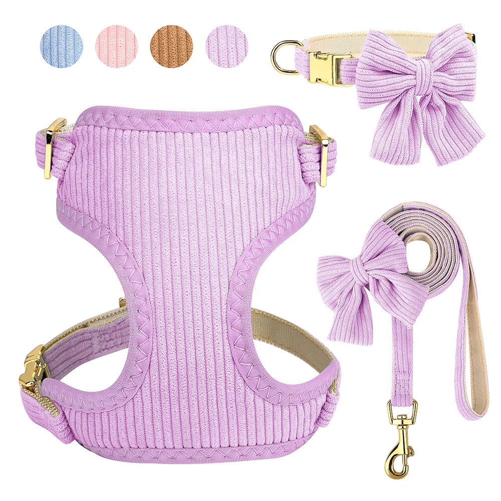 3PCS Dog Collar Harness Leash Set Breathable Dog Harnesses Soft Velvet Puppy Necklace With Bowknot Pet Walking Rope For Dogs Pug