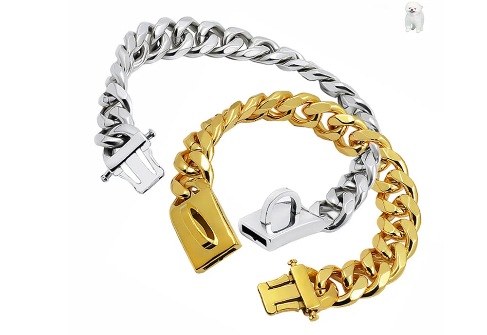 Gold Dog Collar Stainless Steel Pet Metal Choker 19mm Wide Lead for Medium Large Dogs Pet French bulldog Labrador Retriever