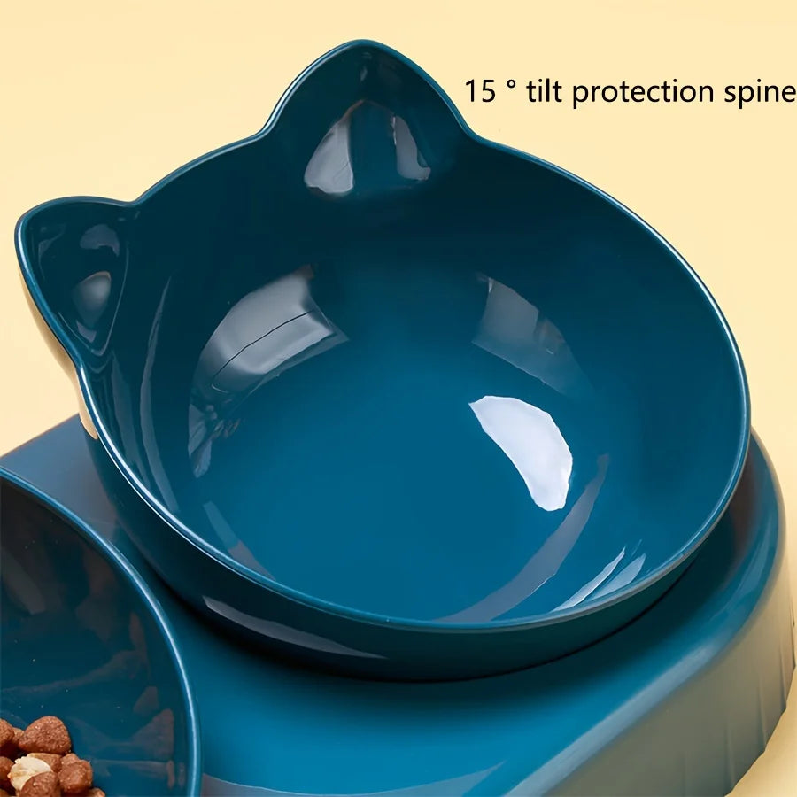 1PCS Pet Bowl with Water Feeder, 3-in-1 Ear Design Tilting Cat Water and Food Bowl with Gravity Water Bottle for Neck Protection