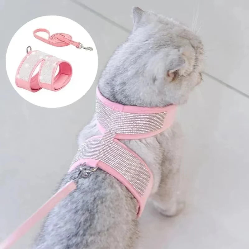 Pet Cat Harness Anti-escape Rhinestone Pet Dogs Cats Chest Strap With Leash Pink