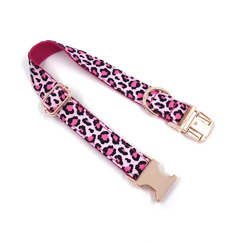 Pink Leopard Dog Harness for Girl Dogs Personalized Name Engraved Pet Collar with Safety Metal Buckles Bowtie Puppy Harness Set