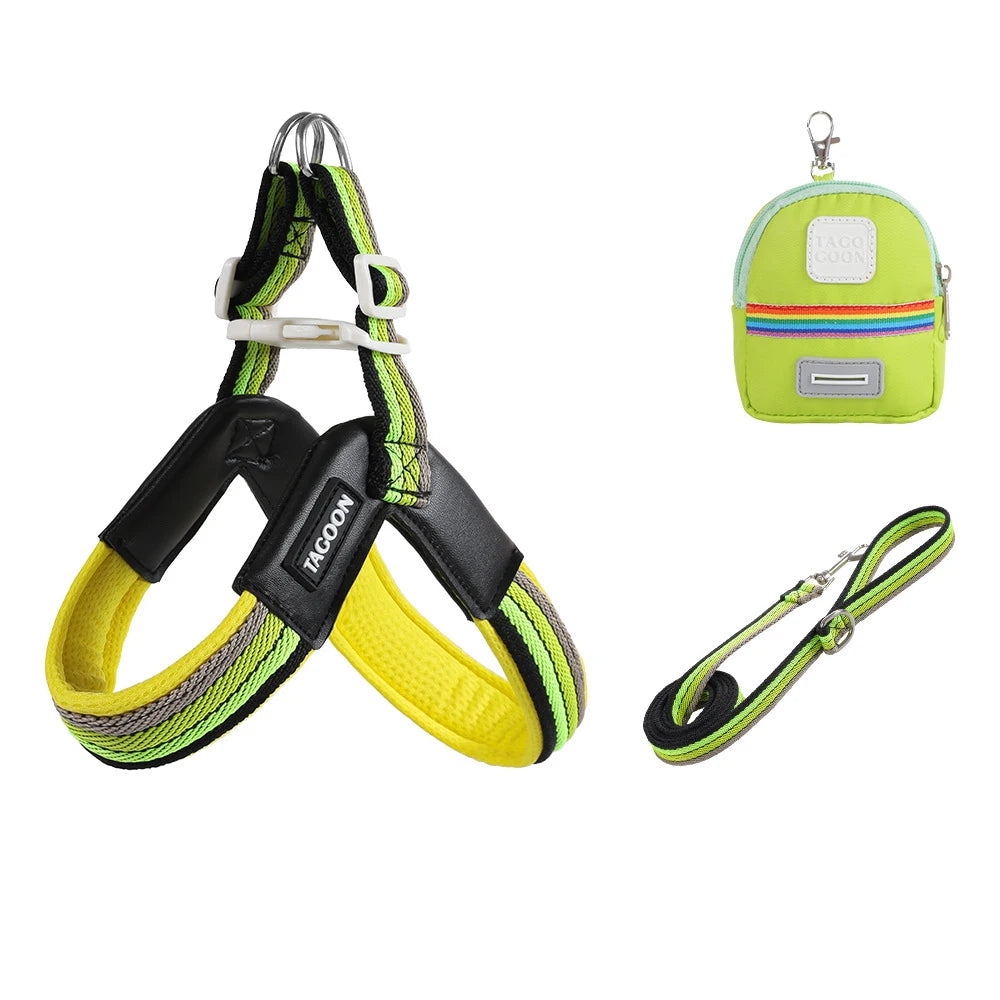 3PCs Pet Dog Harness Leash Set with Bags Adjustable V-shaped Puppy Harness Striped Breathable Dog Chest Strap Dog Accessories