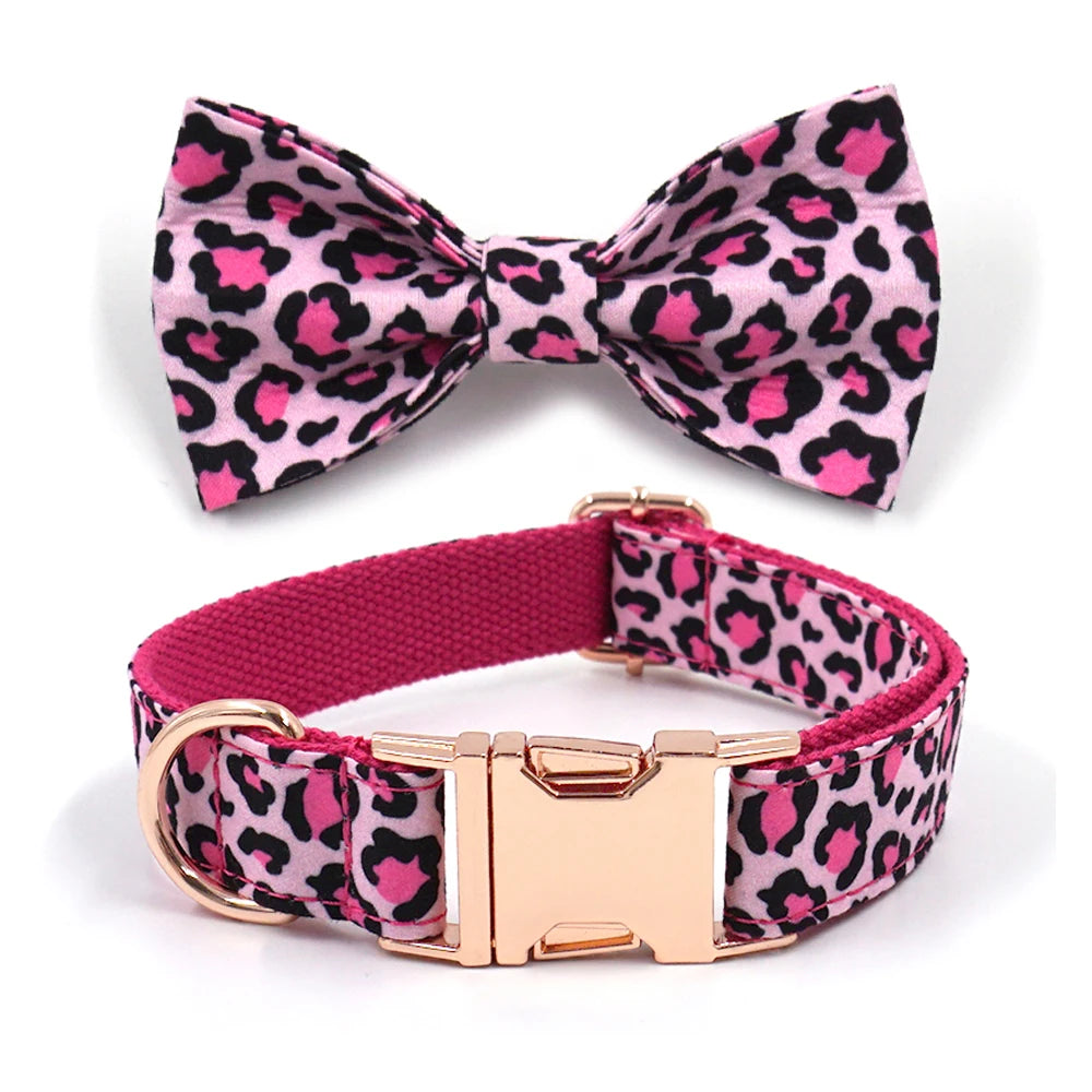 Pink Leopard Dog Harness for Girl Dogs Personalized Name Engraved Pet Collar with Safety Metal Buckles Bowtie Puppy Harness Set