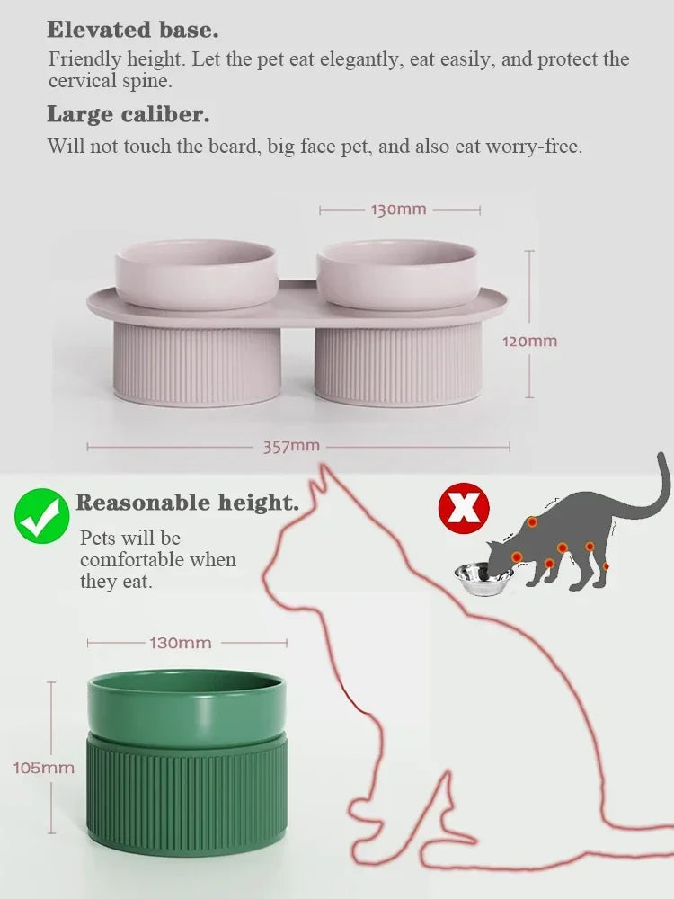 Ceramic Cat Dog Bowl Pet Puppy Feeder Drinker Elevated Raised Holder White Pink Bowls Double for Cats Dogs Kitten Feeding Water