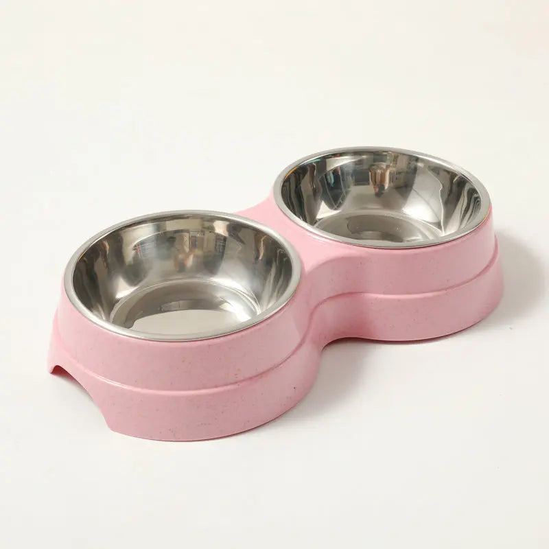 Stainless Steel Double Pet Bowl Wheat Straw Base Dog Cats Feeder Cat Puppy Feeding Food Water Container Dispenser Pet Supplies