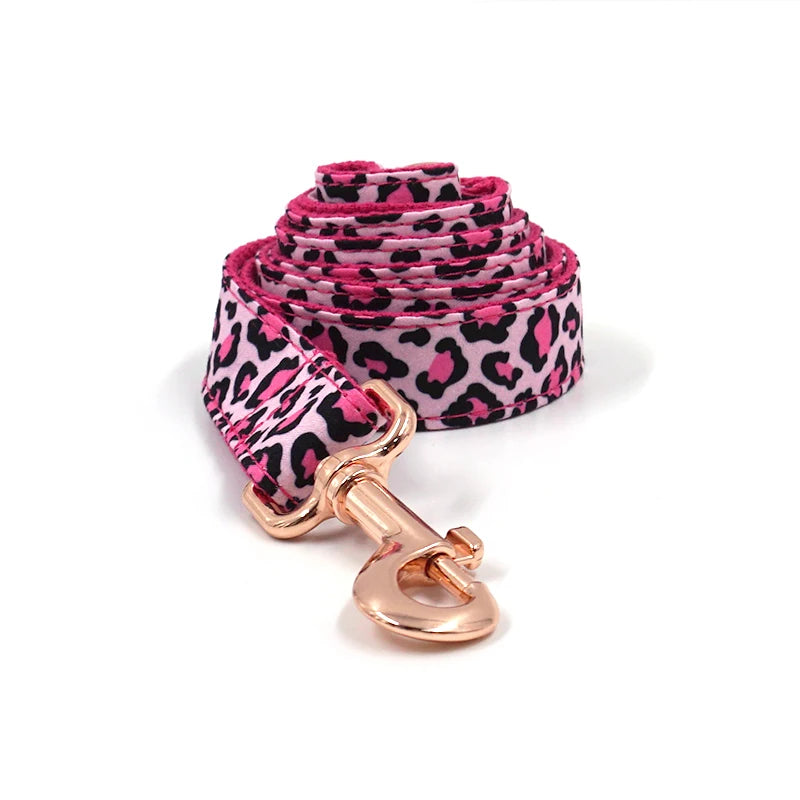Pink Leopard Dog Harness for Girl Dogs Personalized Name Engraved Pet Collar with Safety Metal Buckles Bowtie Puppy Harness Set