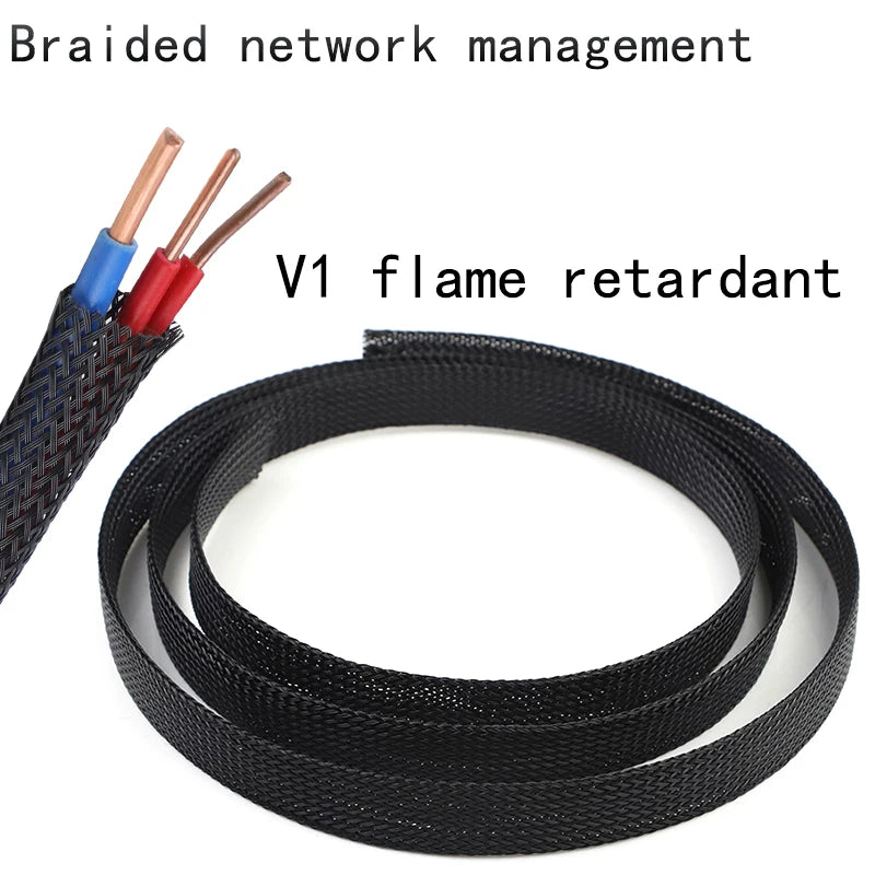 PET Elastic Woven Wire Mesh Black Encrypted Flame Retardant Nylon Computer Tube Telescopic Sleeve 10m