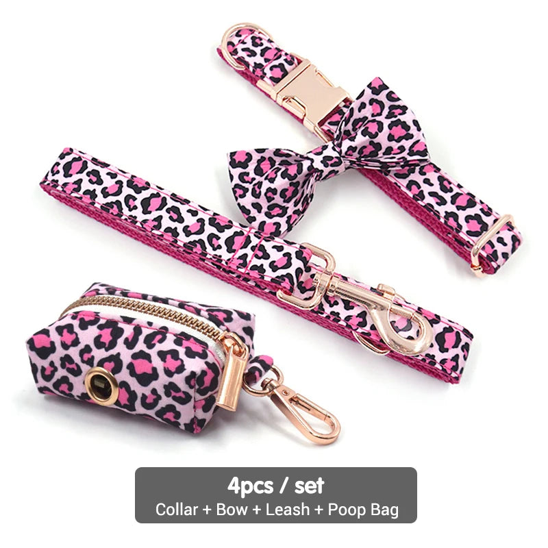 Pink Leopard Dog Harness for Girl Dogs Personalized Name Engraved Pet Collar with Safety Metal Buckles Bowtie Puppy Harness Set