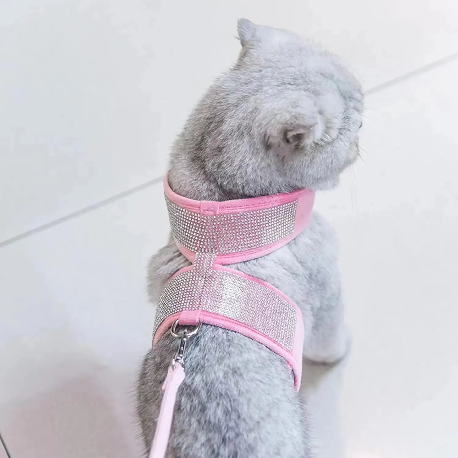 Pet Cat Harness Anti-escape Rhinestone Pet Dogs Cats Chest Strap With Leash Pink
