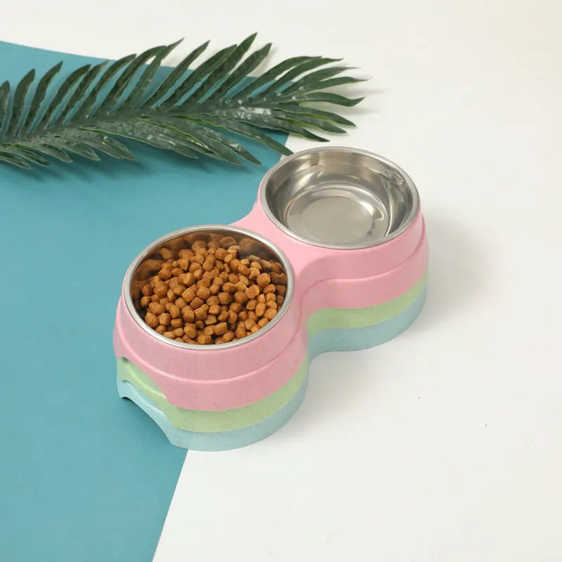 Stainless Steel Double Pet Bowl Wheat Straw Base Dog Cats Feeder Cat Puppy Feeding Food Water Container Dispenser Pet Supplies