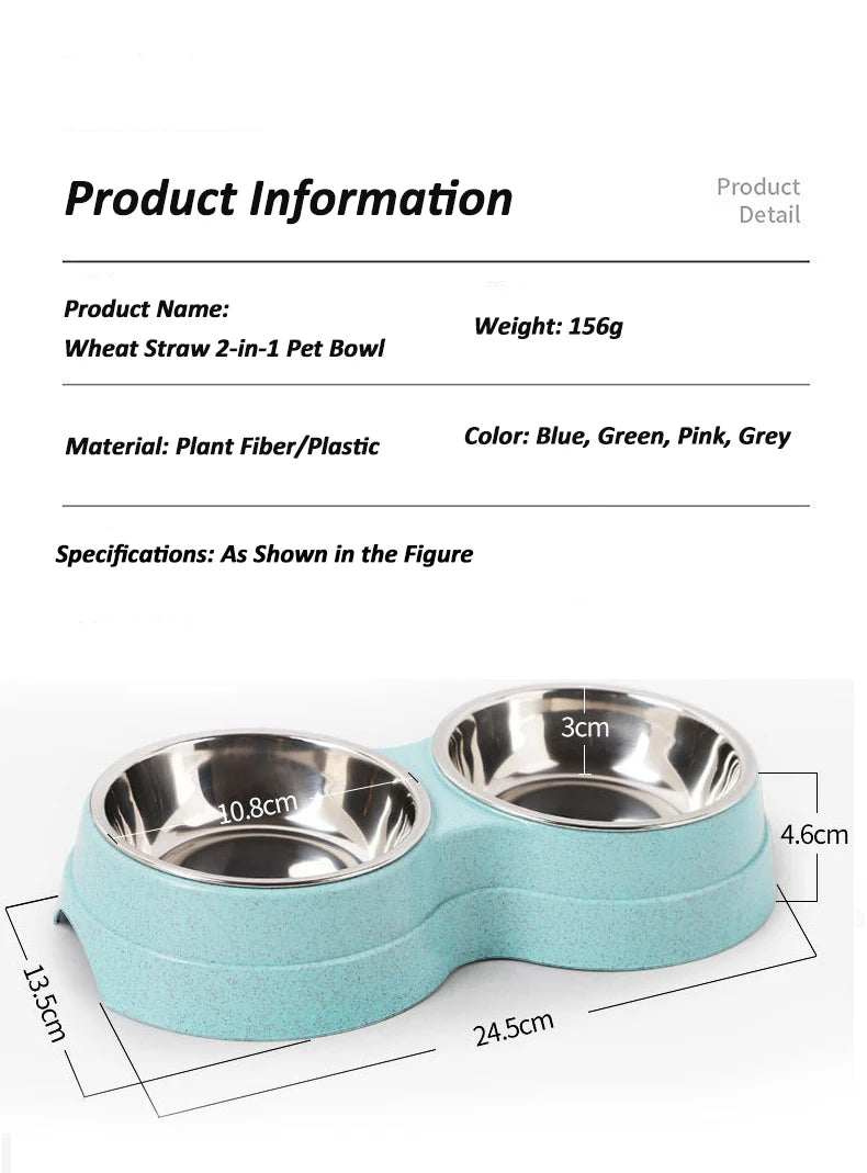 Stainless Steel Double Pet Bowl Wheat Straw Base Dog Cats Feeder Cat Puppy Feeding Food Water Container Dispenser Pet Supplies