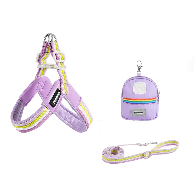 3PCs Pet Dog Harness Leash Set with Bags Adjustable V-shaped Puppy Harness Striped Breathable Dog Chest Strap Dog Accessories