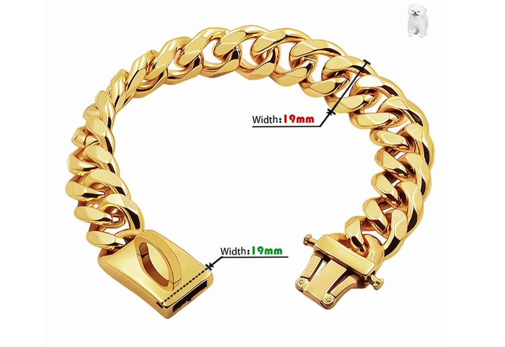 Gold Dog Collar Stainless Steel Pet Metal Choker 19mm Wide Lead for Medium Large Dogs Pet French bulldog Labrador Retriever