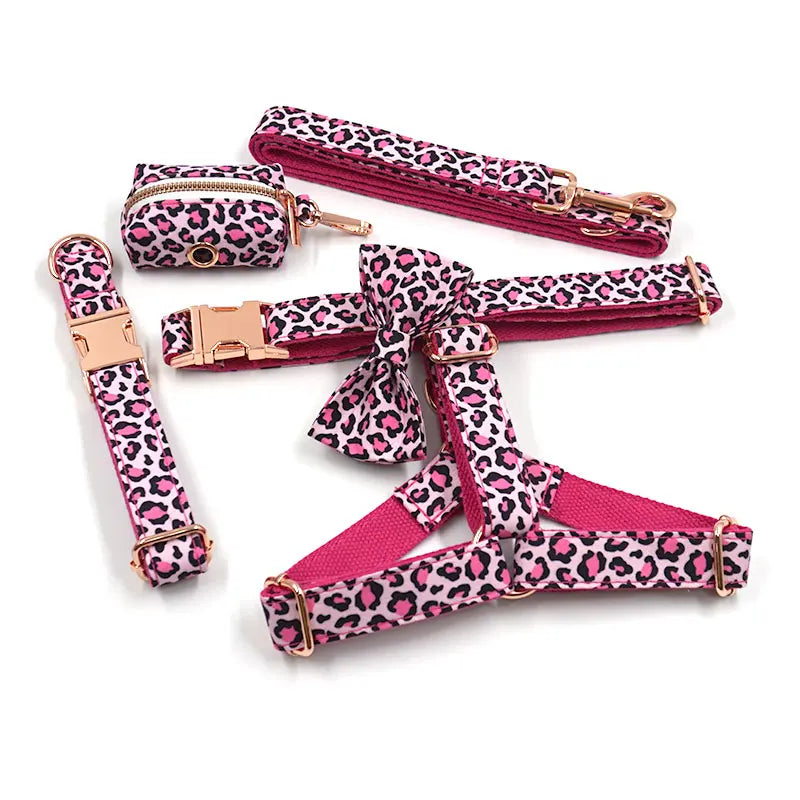 Pink Leopard Dog Harness for Girl Dogs Personalized Name Engraved Pet Collar with Safety Metal Buckles Bowtie Puppy Harness Set