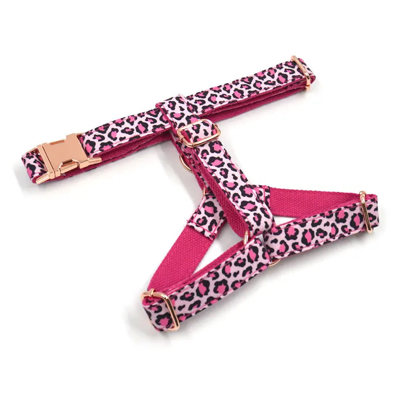 Pink Leopard Dog Harness for Girl Dogs Personalized Name Engraved Pet Collar with Safety Metal Buckles Bowtie Puppy Harness Set