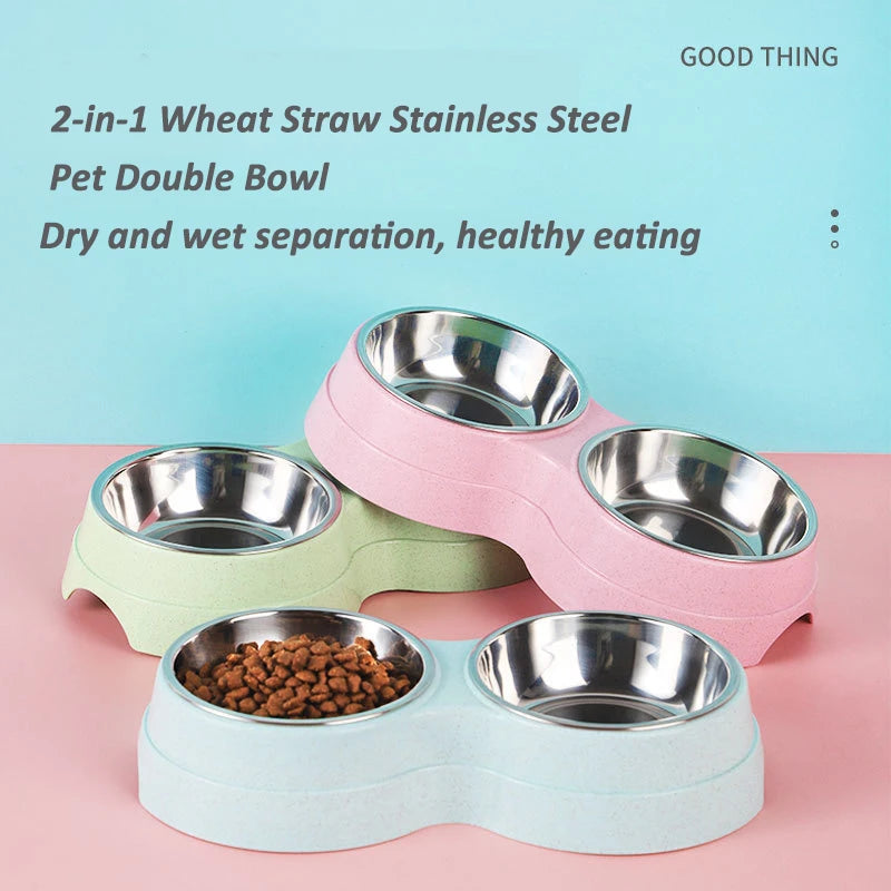 Stainless Steel Double Pet Bowl Wheat Straw Base Dog Cats Feeder Cat Puppy Feeding Food Water Container Dispenser Pet Supplies